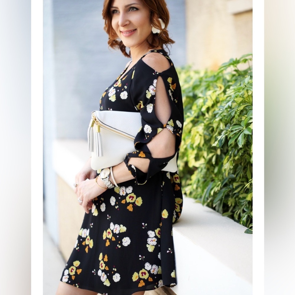 Zara Cutout Cold Shoulder Floral Mini Dress Long Sleeve Size Medium